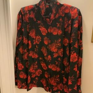Red and black silk Floral Button-up floral blouse by The Kopples